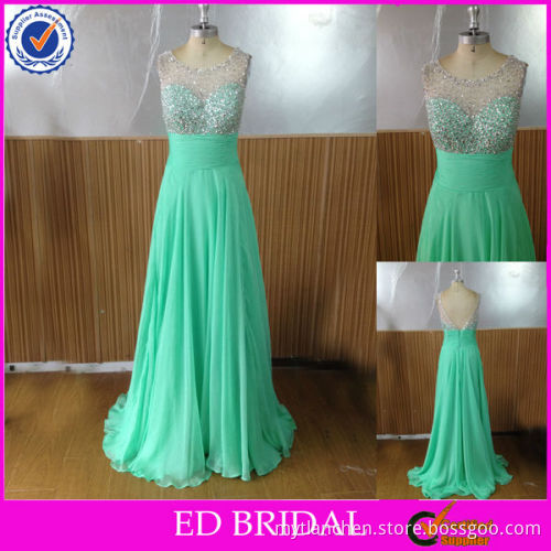 NC223 Latest Popular Crystal Beaded Boat Neck Chiffon Elegant Green Evening Dress